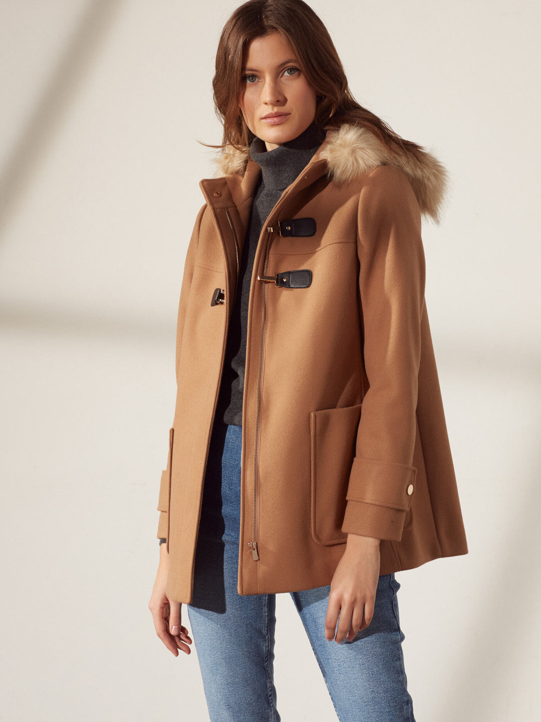 Yours Ladies 3QTR Fur Hood Long Coat 505973820