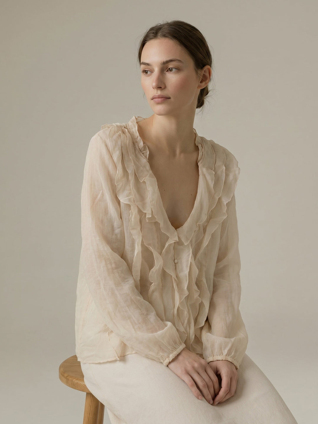 Ivory Ruffle Detail Chiffon Shirt