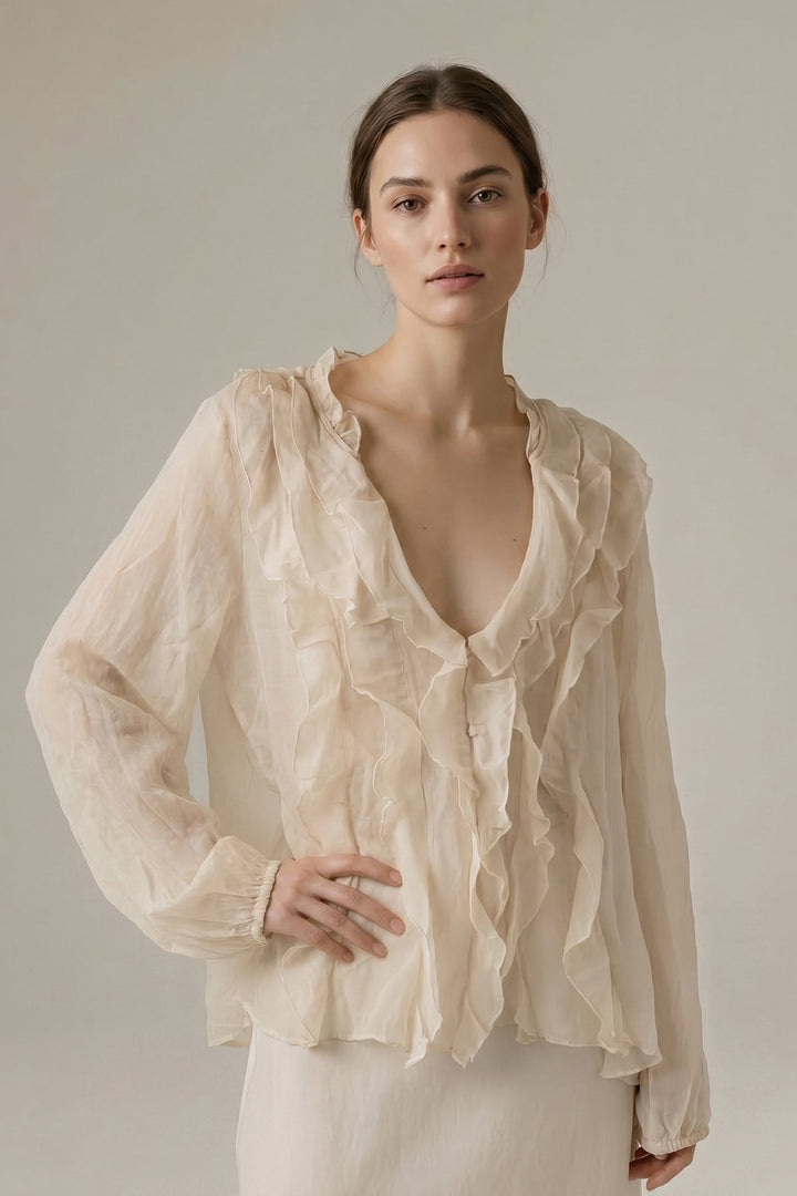 Ivory Ruffle Detail Chiffon Shirt