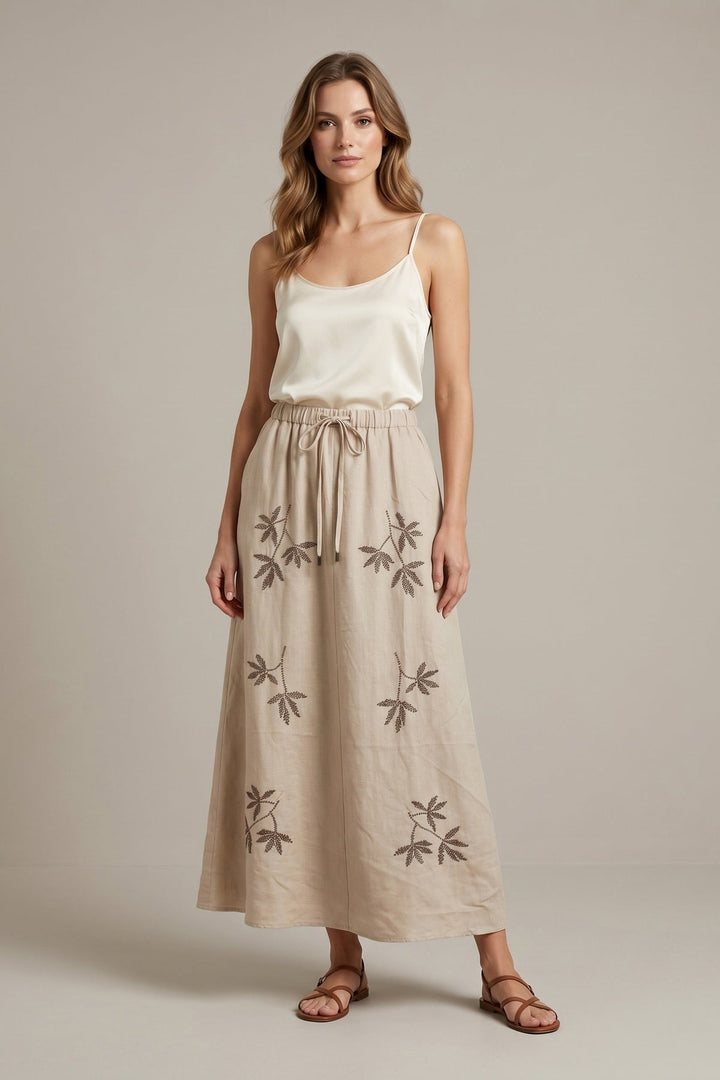 Embroidered Linen Maxi Skirt