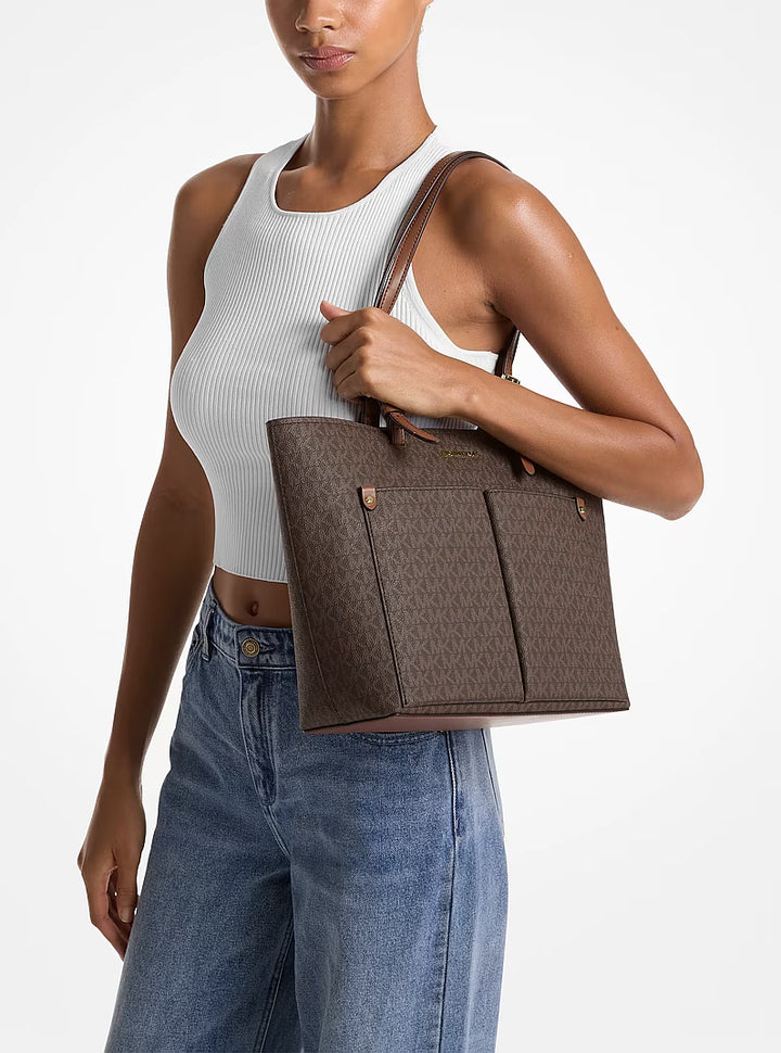 MK WOMEN SIG JET SET TRAVEL TOTE DBL PKT BAG 35F3GTVT3B BROWN