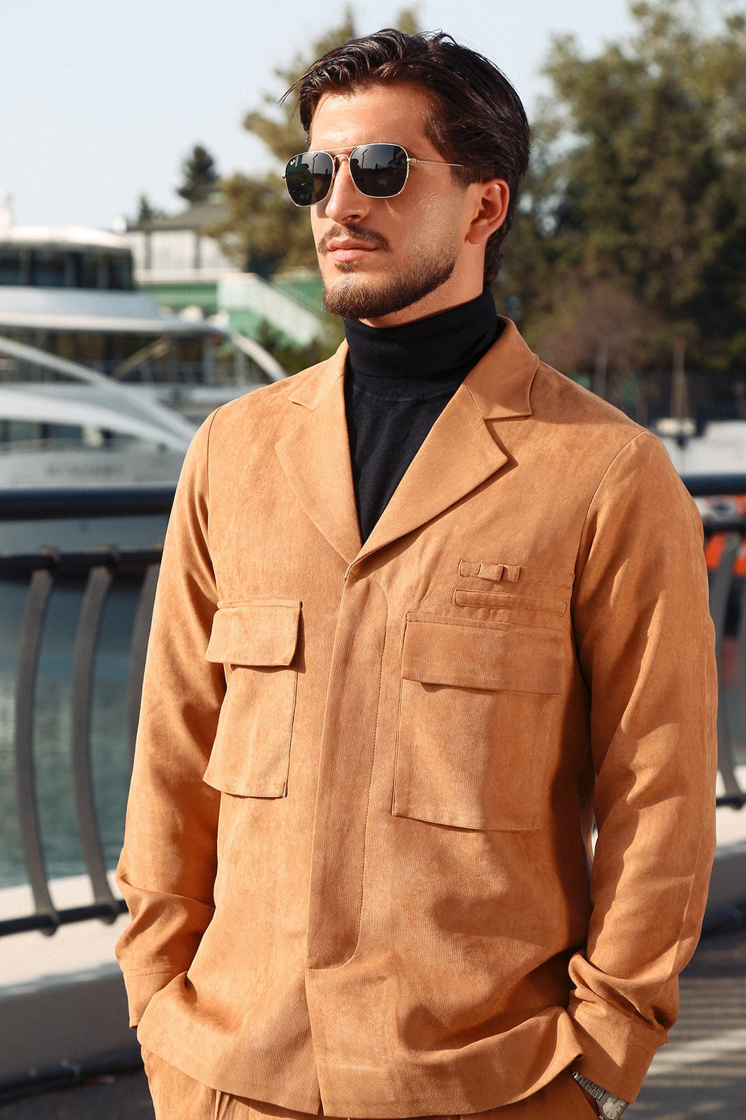 Suede Co-Ord Set with Extended Camp Collar