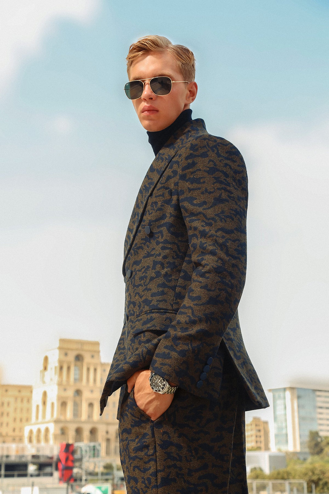 Modern Shawl Lapel Suit with Camouflage Weave