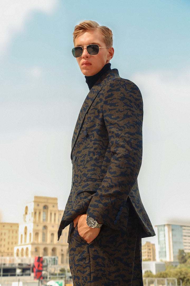 Modern Shawl Lapel Suit with Camouflage Weave