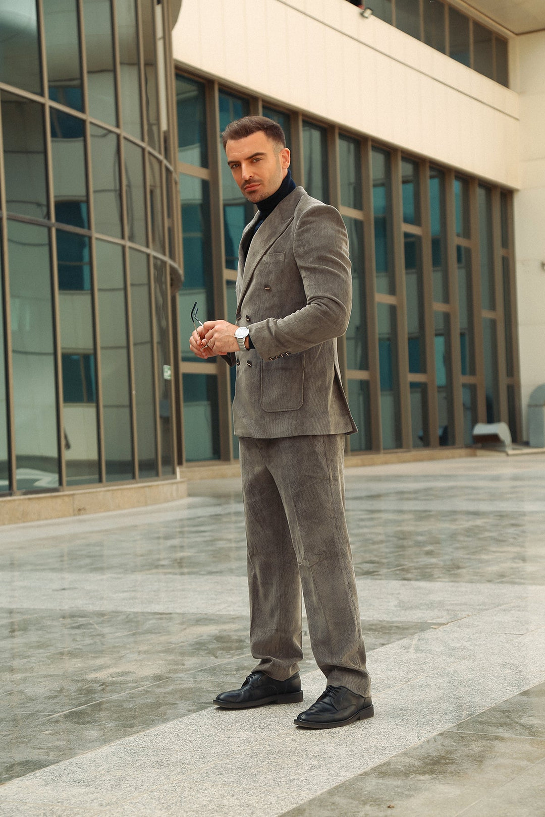 Modern Corduroy Double-Breasted Suit