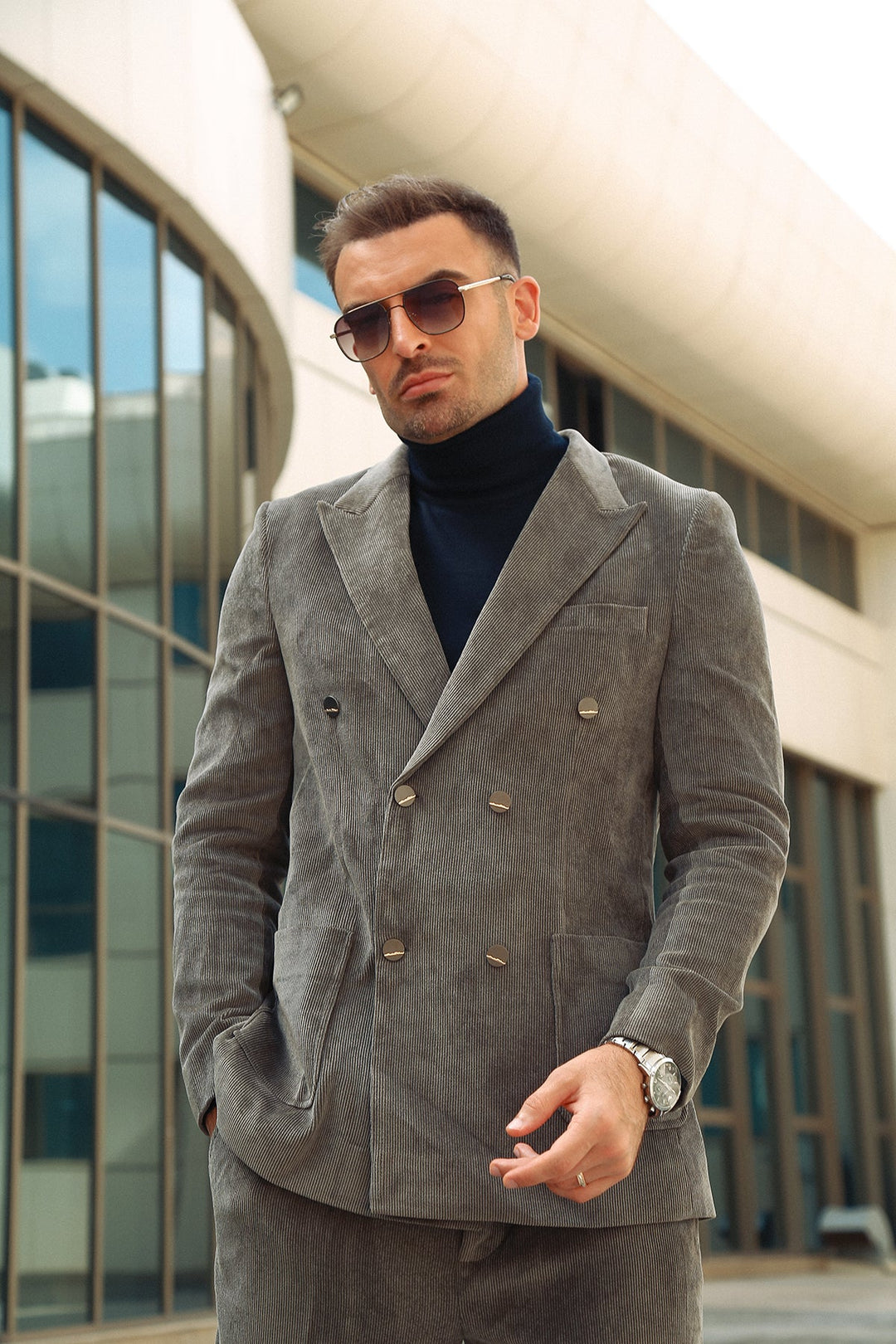 Modern Corduroy Double-Breasted Suit