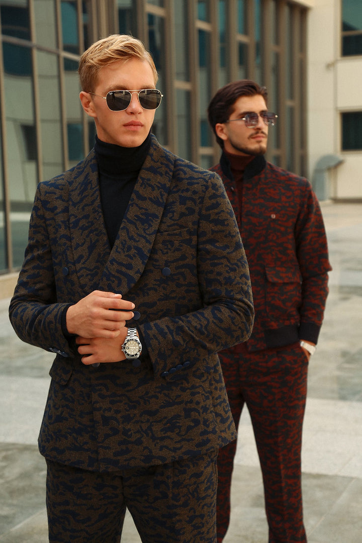 Modern Shawl Lapel Suit with Camouflage Weave