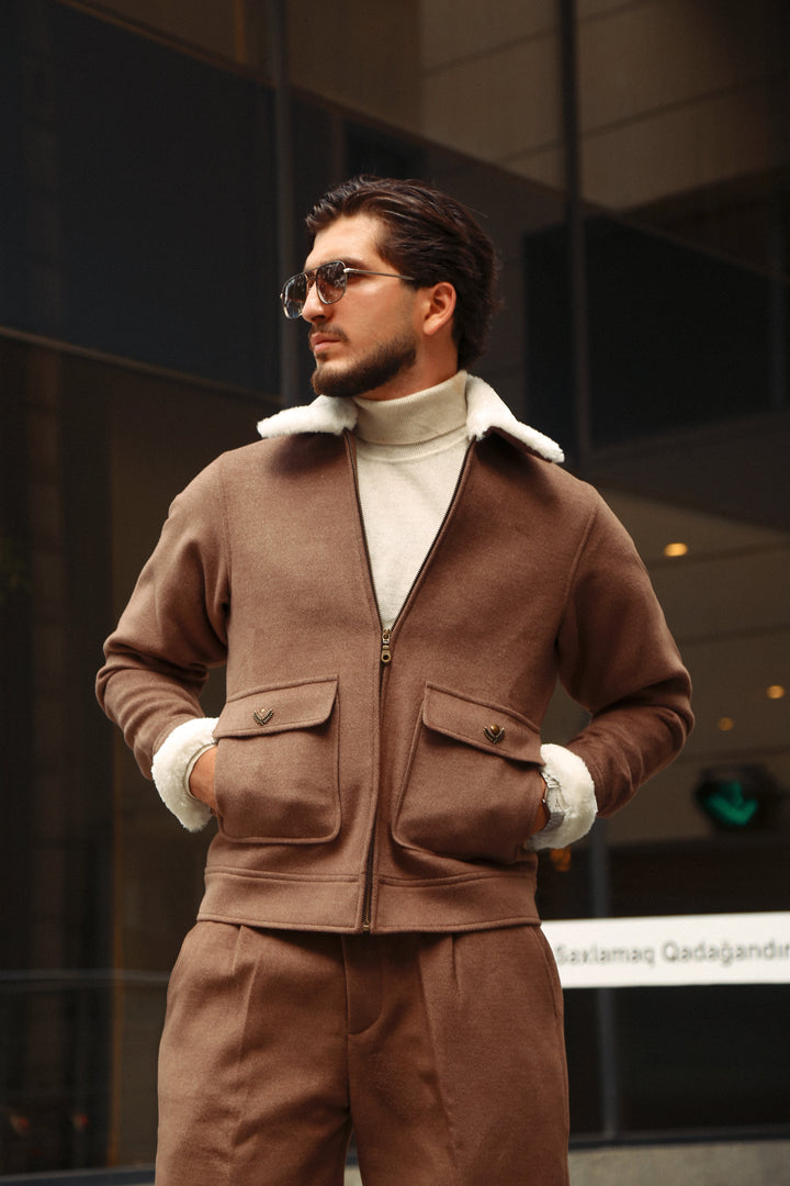 Luxury Italian Cashmere-Like Co-Ord Set with Fur Collar