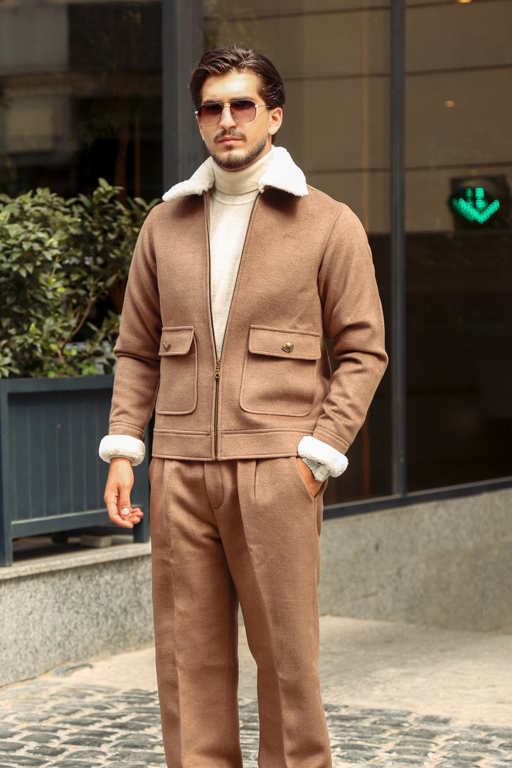 Luxury Italian Cashmere-Like Co-Ord Set with Fur Collar