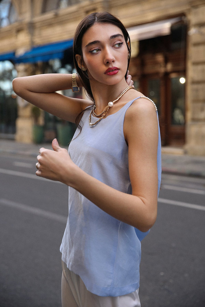 Sky Blue Sleeveless Pearl Top