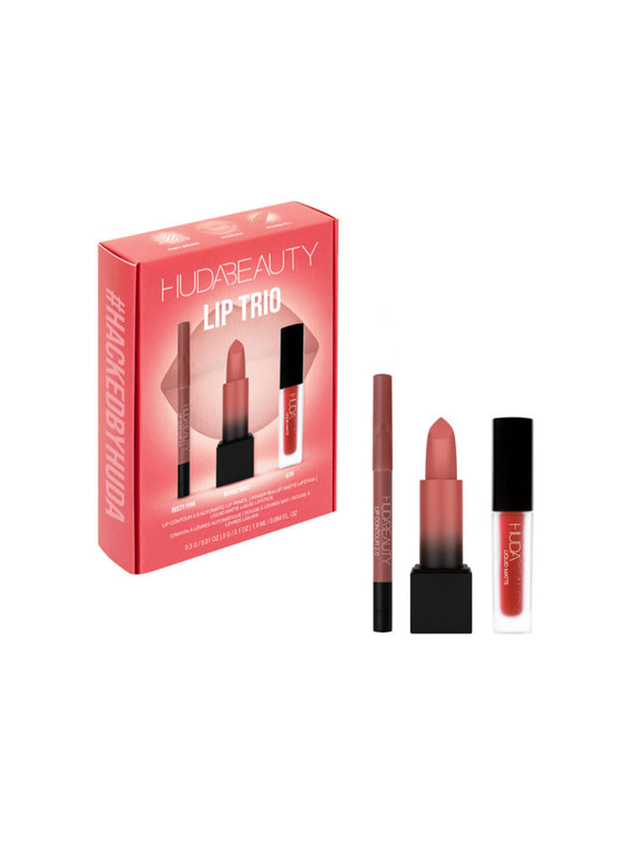 Huda Beauty Lip Trio Dusty Pink 0.3g, Rendez-Vous 3g, Icon 1.9ml