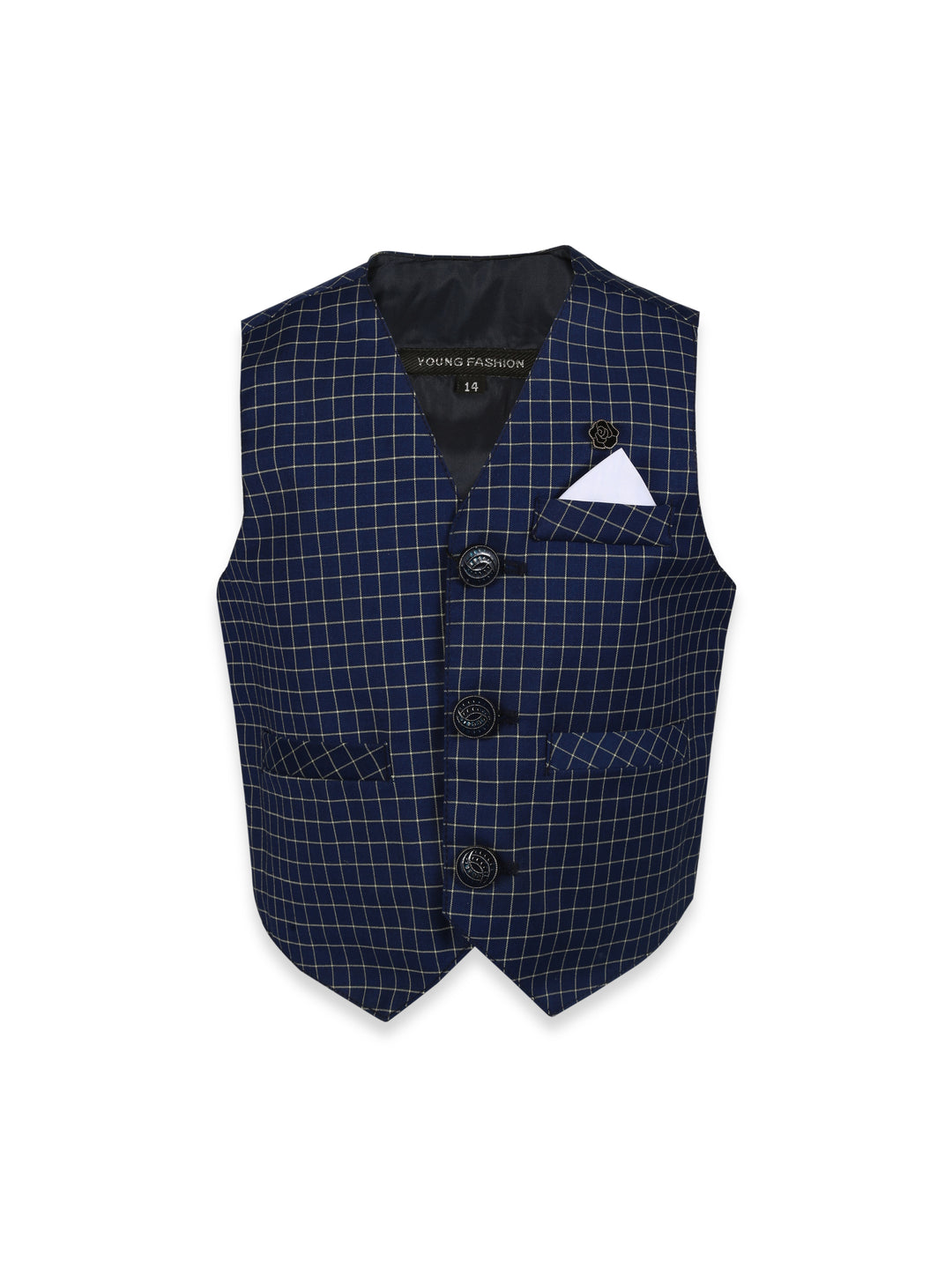 Young Fashion Check Waist Coat Without Collar #200-22 (S-24)