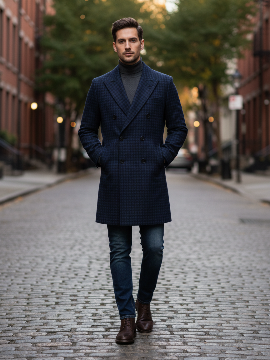 H & C Mens L/S Check Long Coat COCBW222