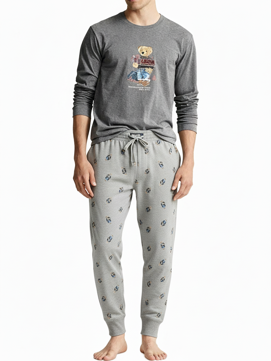 RL Men L/S (Bear Print )T-Shirt With Pajama (Dark Grey)