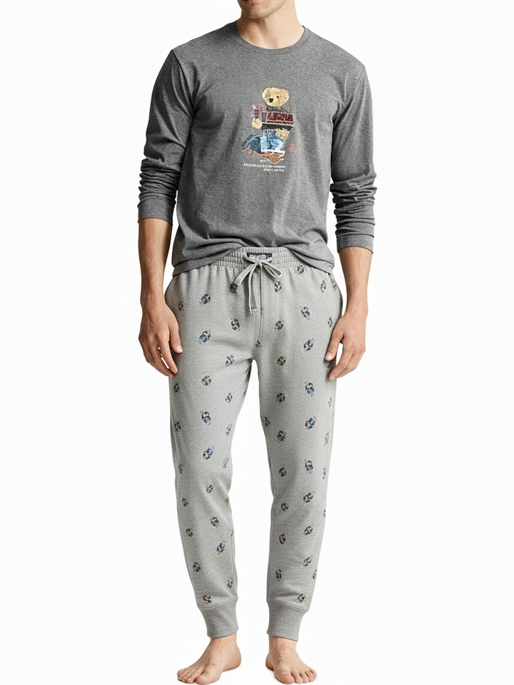 RL Men L/S (Bear Print )T-Shirt With Pajama (Dark Grey)