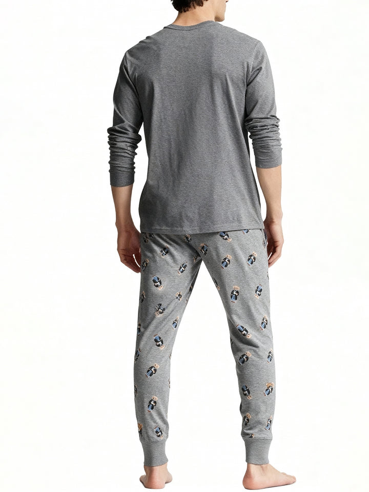 RL Men L/S (Bear Print )T-Shirt With Pajama (Dark Grey)