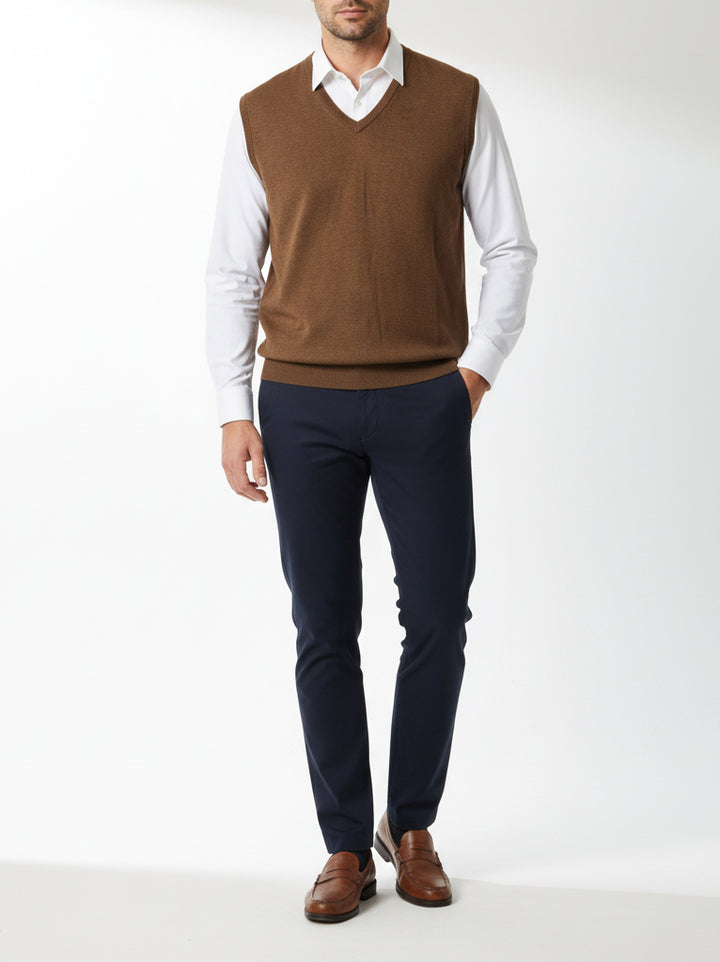 BMR Men S/L V-N Merino Sweater 87208 (Coffee)