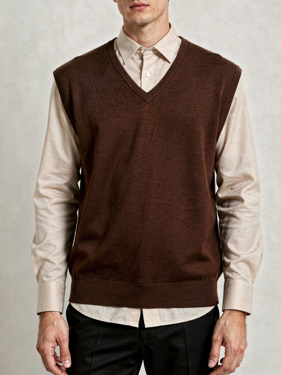 BMR Men S/L V-N Merino Sweater 87208 (Chocolate)
