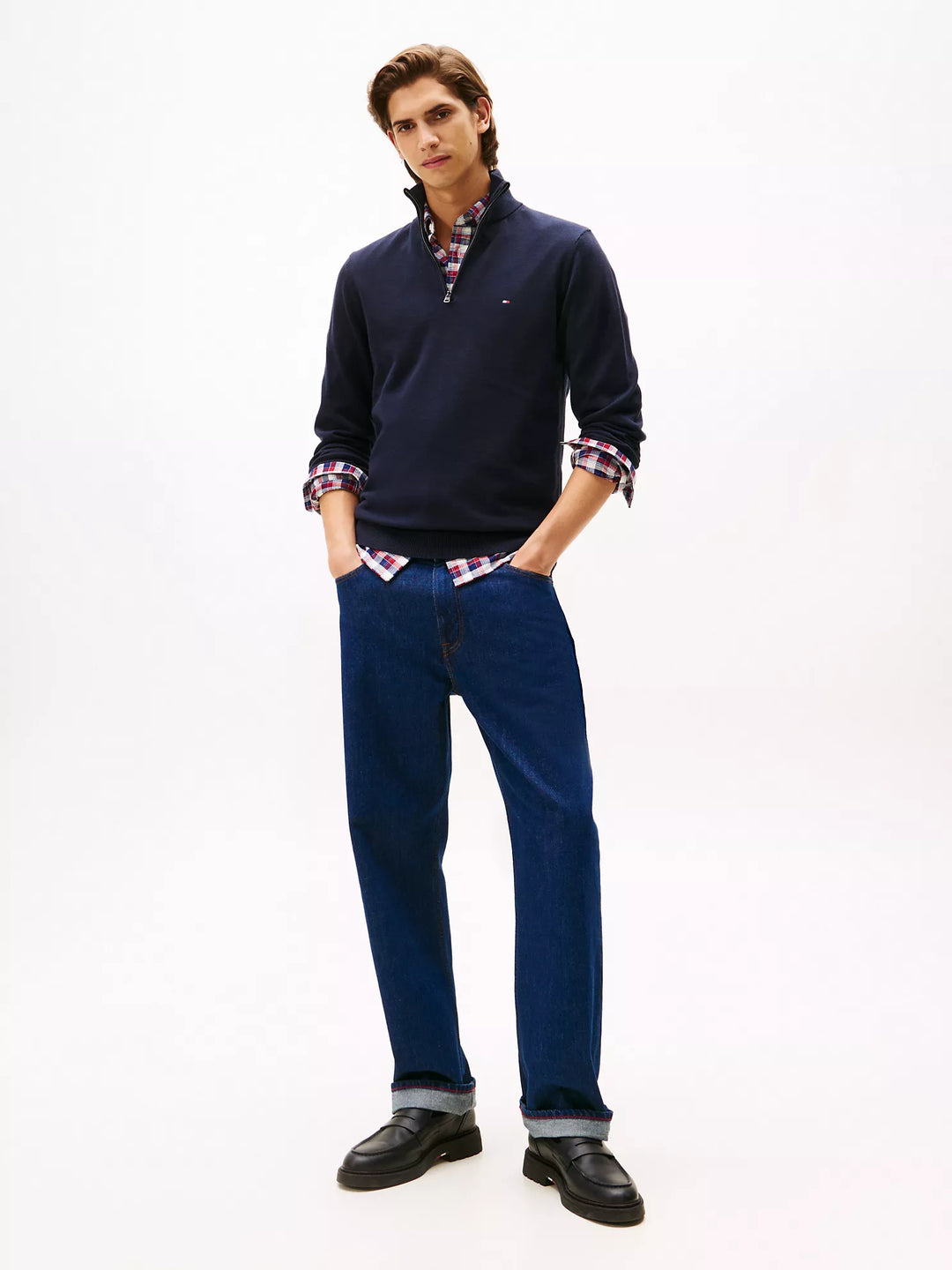 TH Men L/S Cotton Plain Half Zip Zipper AT-SB-78J9329