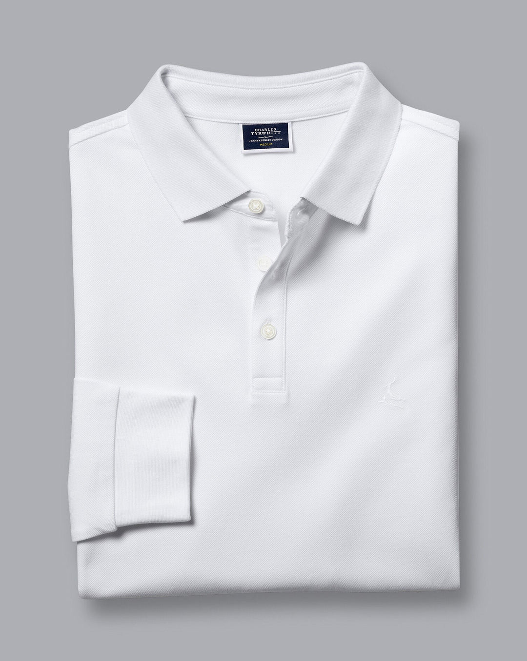 Charles Tyrwhitt White Solid Long Sleeve Plain Cotton Tyrwhitt Pique Polo
