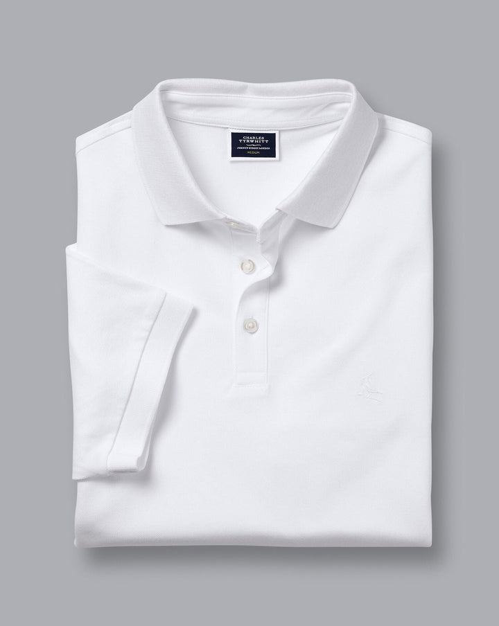 Charles Tyrwhitt White Solid Short Sleeve Cotton Tyrwhitt Pique Polo