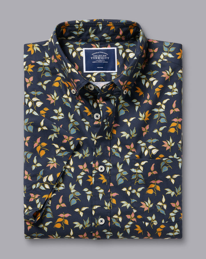 Charles Tyrwhitt Navy Blue Multi Leaf Print Sf Ss Non-Iron Stretch Poplin Shirt