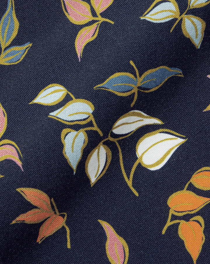 Charles Tyrwhitt Navy Blue Multi Leaf Print Sf Ss Non-Iron Stretch Poplin Shirt