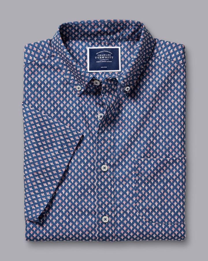 Charles Tyrwhitt Royal Blue Leaf Print Slim Fit Ss Non-Iron Stretch Poplin Shirt