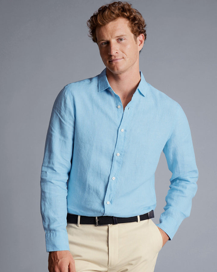 Charles Tyrwhitt Light Blue Plain Slim Fit Pure Linen Shirt