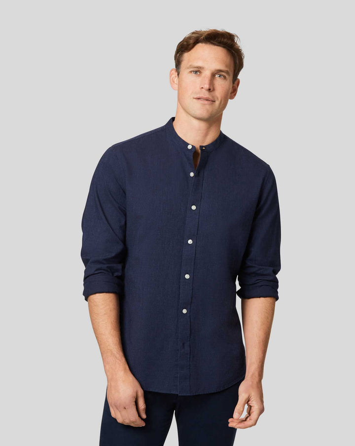 Charles Tyrwhitt Navy Blue Plain Slim Fit Cotton Linen Collarless Shirt