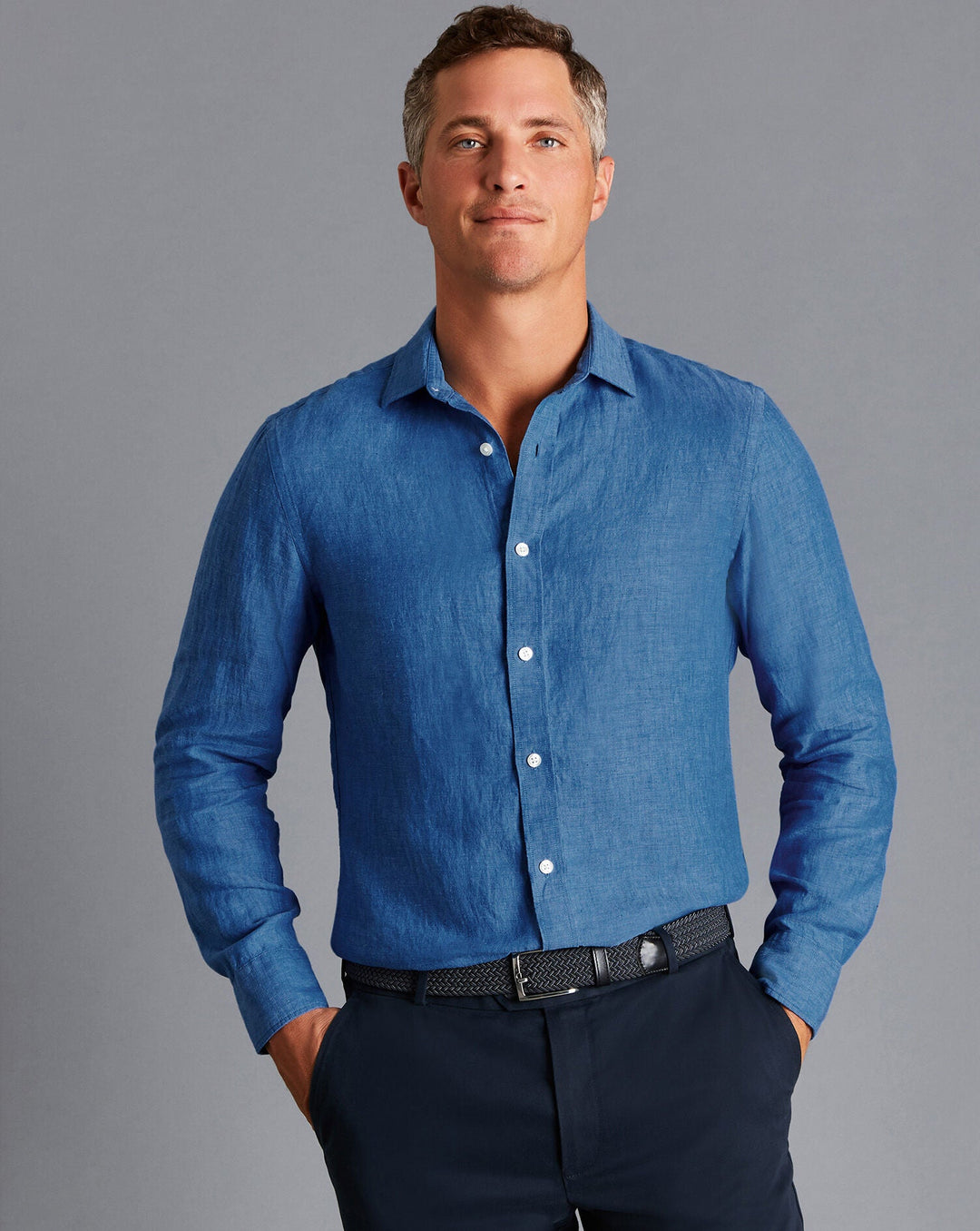 Charles Tyrwhitt Ocean Blue Plain Slim Fit Pure Linen Shirt