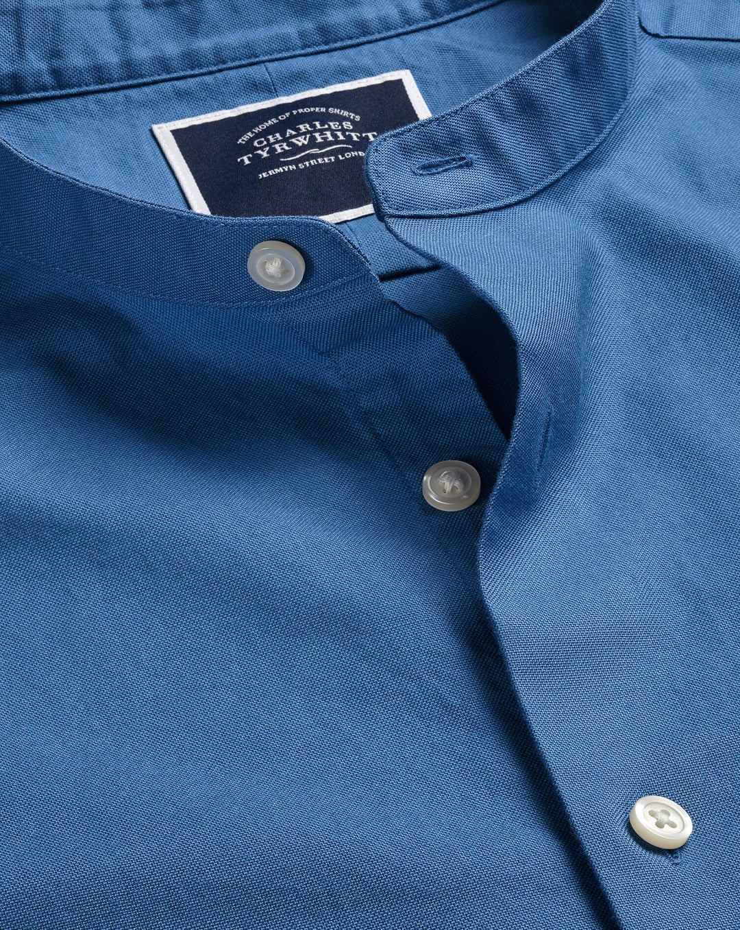Charles Tyrwhitt Ocean Blue Plain Slim Fit Stretch Washed Oxford Collarless Shirt