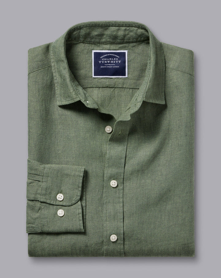 Charles Tyrwhitt Olive Green Plain Slim Fit Pure Linen Shirt