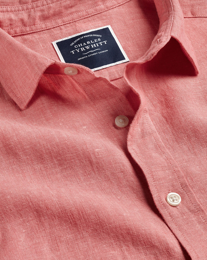 Charles Tyrwhitt Salmon Pink Plain Slim Fit Pure Linen Shirt