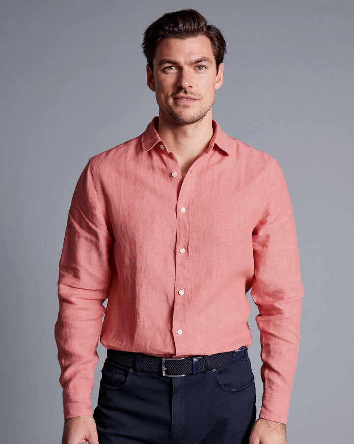 Charles Tyrwhitt Salmon Pink Plain Slim Fit Pure Linen Shirt