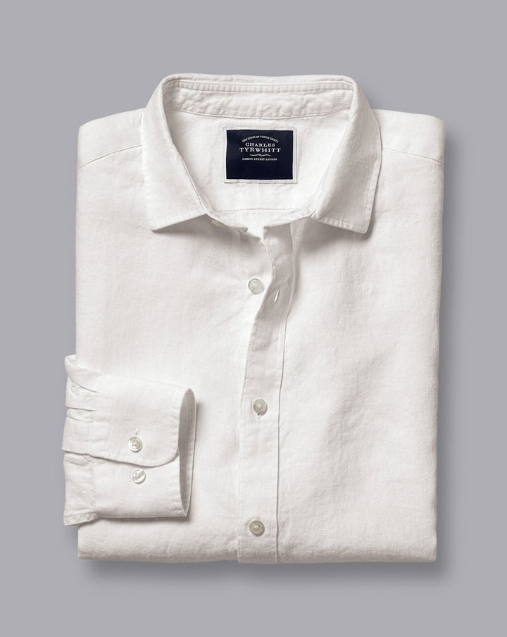 Charles Tyrwhitt White Plain Slim Fit Short Sleeve Pure Linen Shirt Csr2056Wht