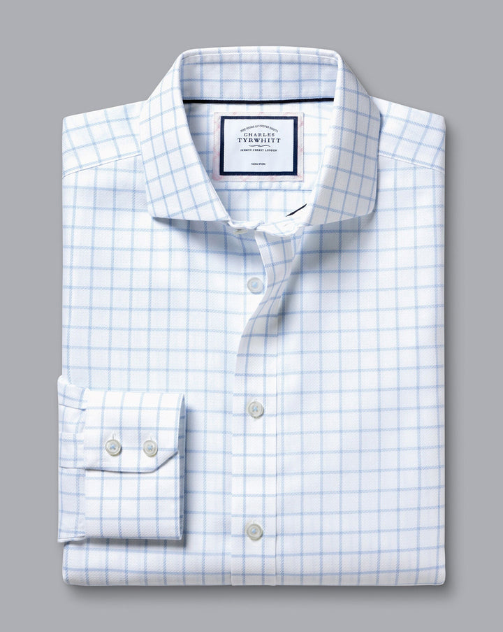 Charles Tyrwhitt Cornflower Blue Non-Iron Henley Weave Check Ca Slim Fit Shirt