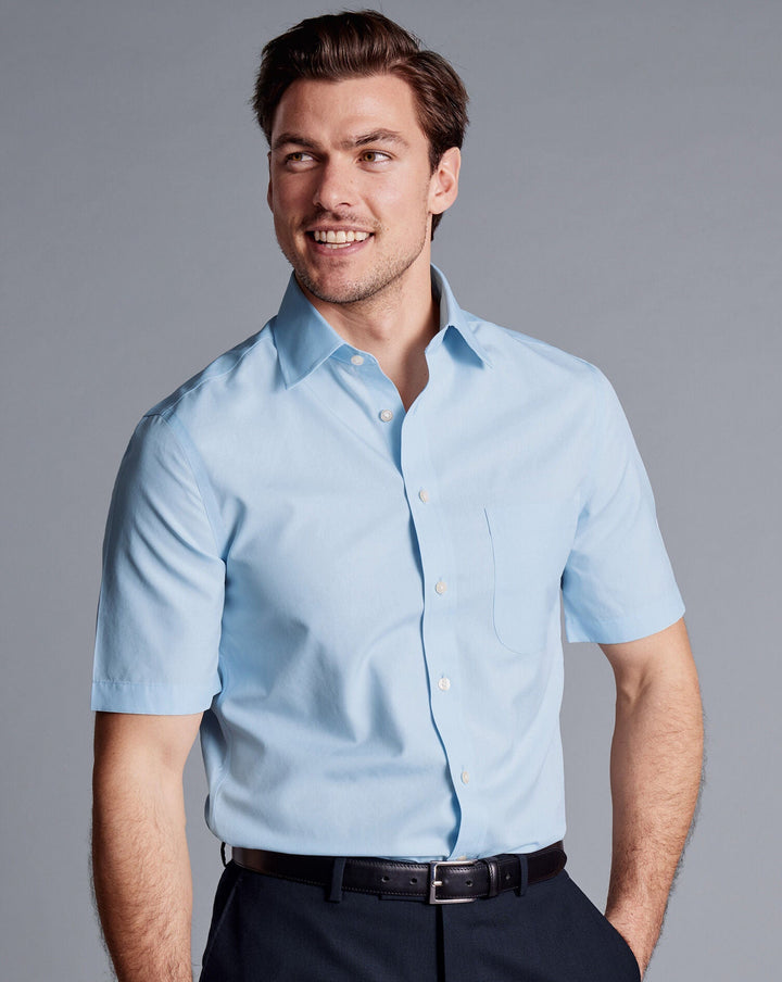 Charles Tyrwhitt Sky Blue Non-Iron Poplin Short-Sleeve Slim Fit Shirt