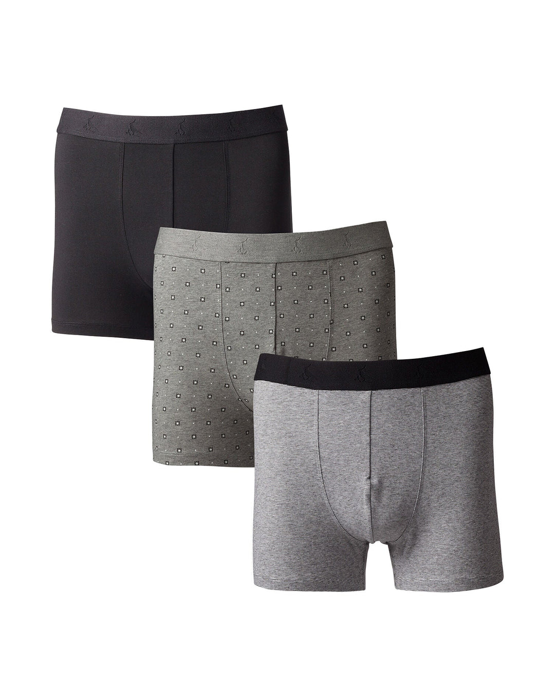 Light Grey And Black Multi Pattern 3 Pack Cotton Stretch Jersey Trunks