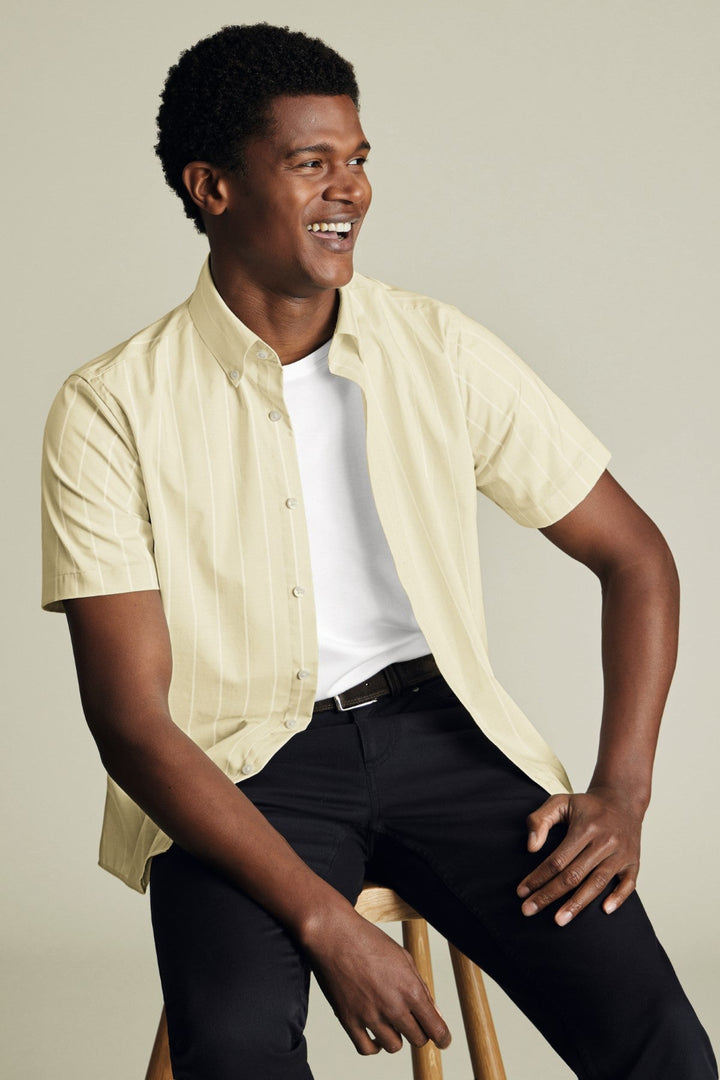 Oatmeal Pinstripe Non-Iron Stretch Poplin Slub Short Sleeve Sf Shirt