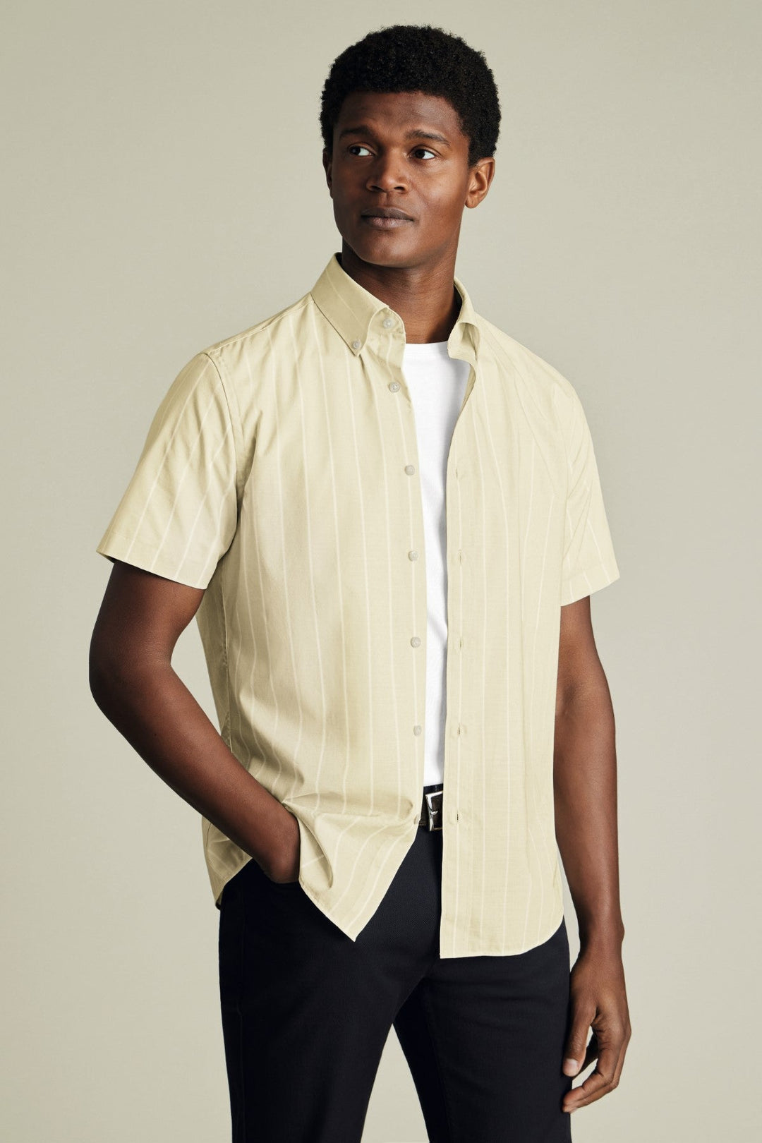Oatmeal Pinstripe Non-Iron Stretch Poplin Slub Short Sleeve Sf Shirt
