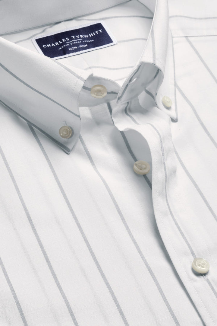 White & Blue Pinstripe Non-Iron Stretch Poplin Slub Ss Sf Shirt