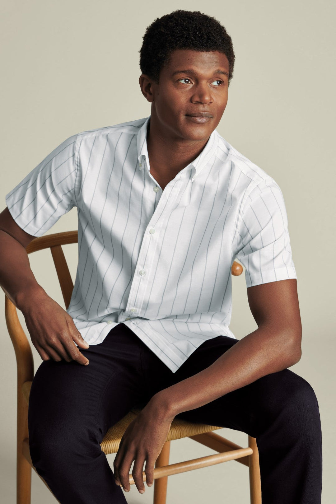 White & Blue Pinstripe Non-Iron Stretch Poplin Slub Ss Sf Shirt