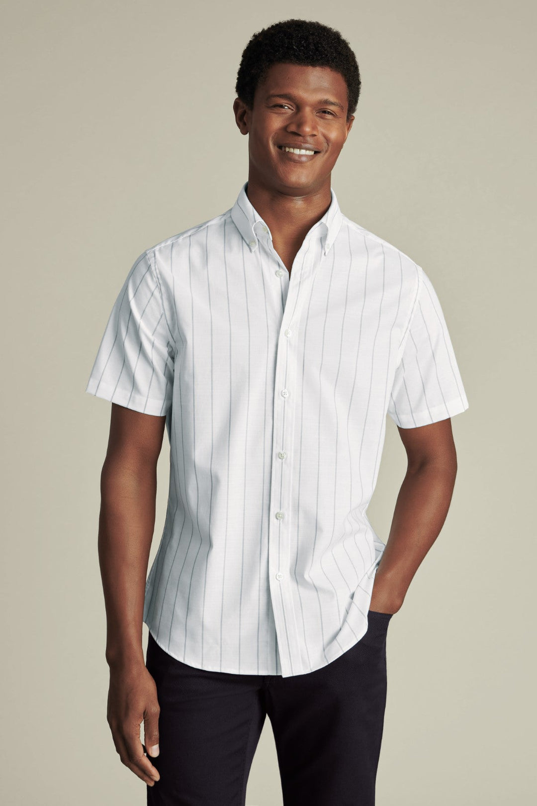 White & Blue Pinstripe Non-Iron Stretch Poplin Slub Ss Sf Shirt