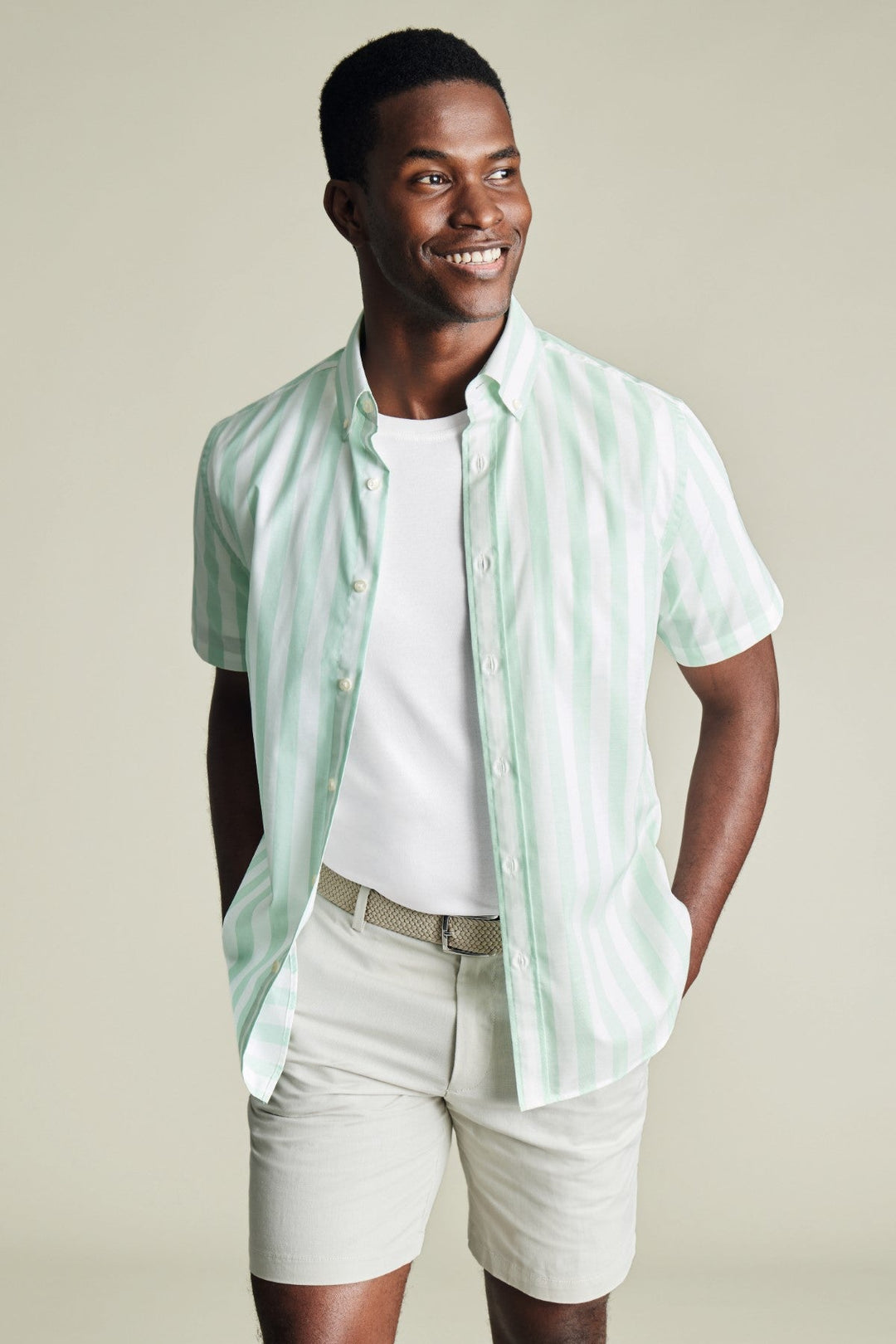 Aqua Green Wide Stripe Non-Iron Stretch Poplin Slub Ss Sf Shirt