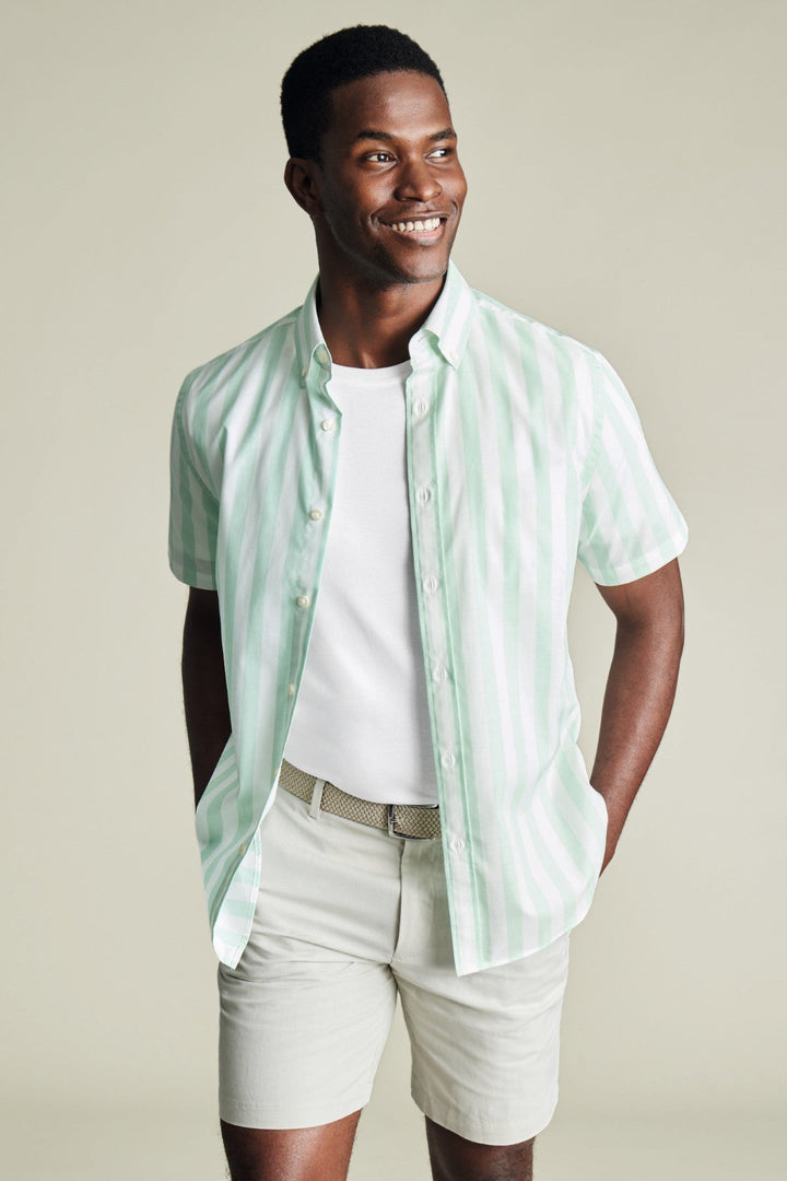 Aqua Green Wide Stripe Non-Iron Stretch Poplin Slub Ss Sf Shirt