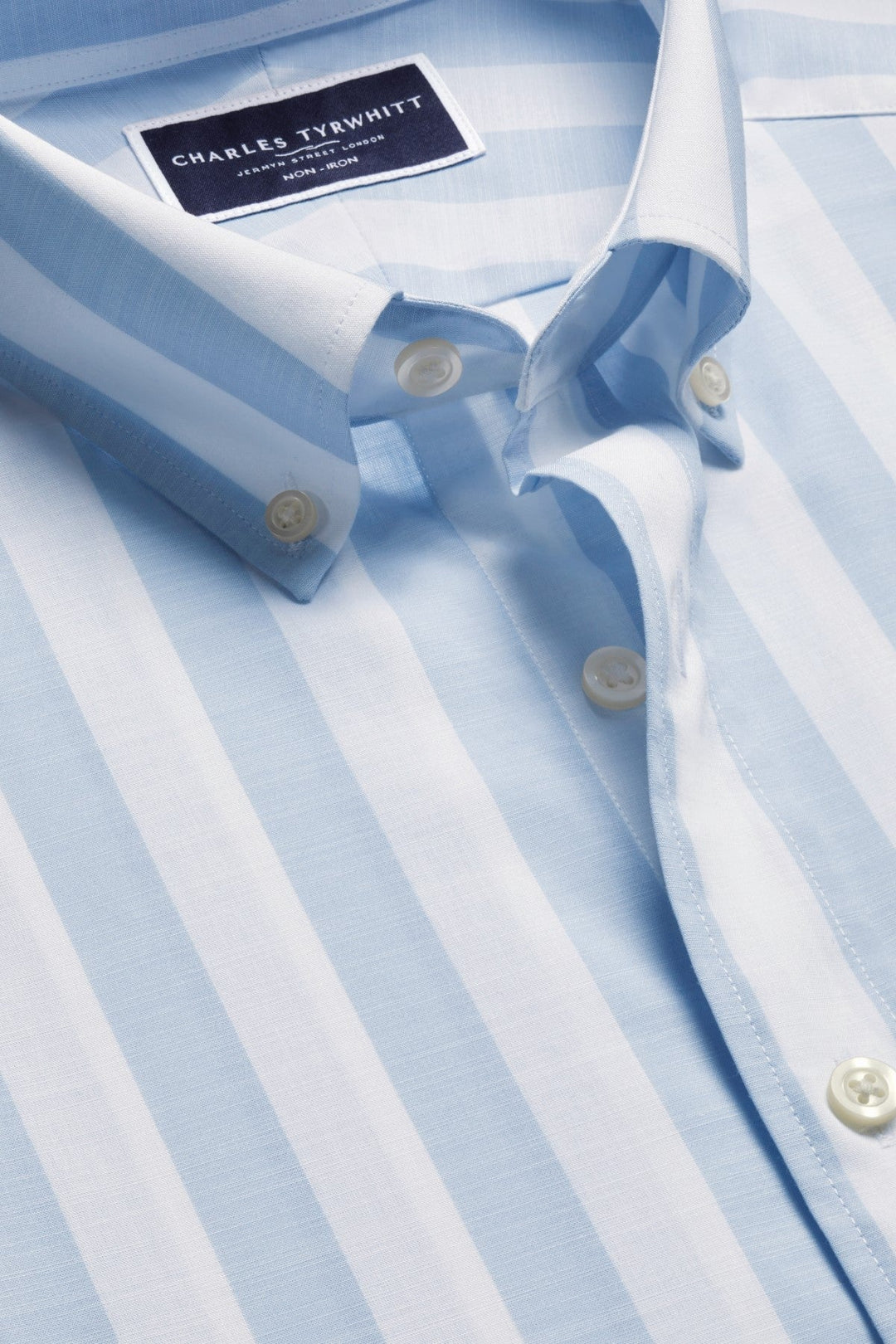 Sky Blue Wide Stripe Non-Iron Stretch Poplin Slub Ss Sf Shirt