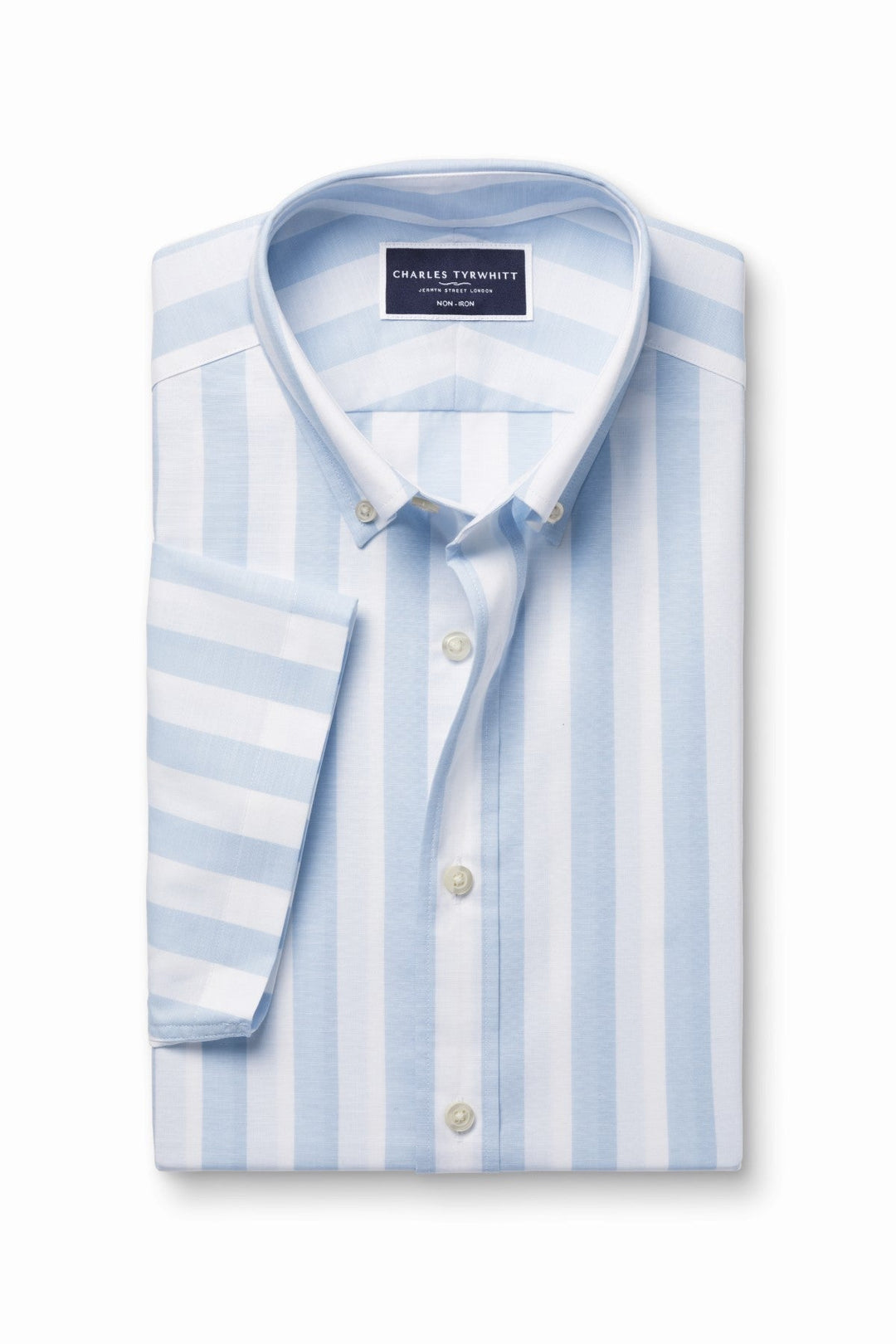 Sky Blue Wide Stripe Non-Iron Stretch Poplin Slub Ss Sf Shirt