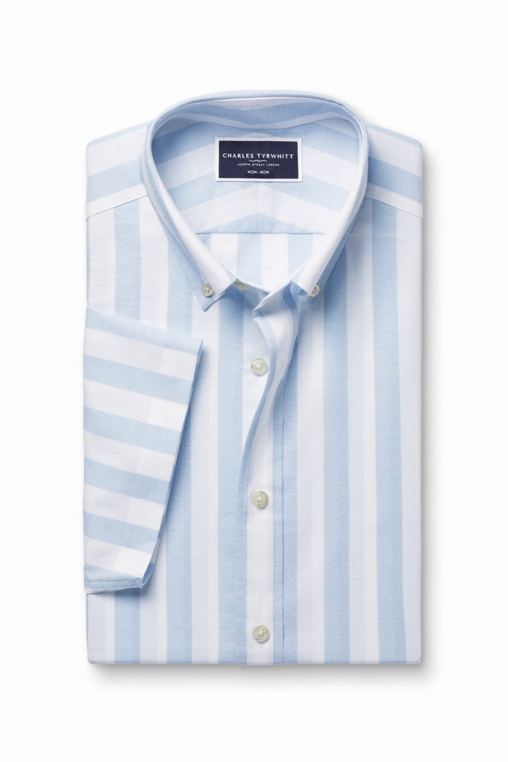 Sky Blue Wide Stripe Non-Iron Stretch Poplin Slub Ss Sf Shirt