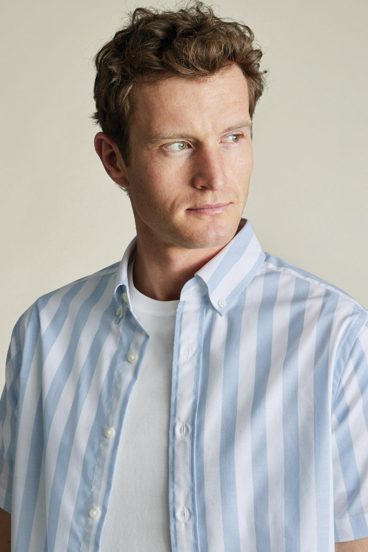 Sky Blue Wide Stripe Non-Iron Stretch Poplin Slub Ss Sf Shirt
